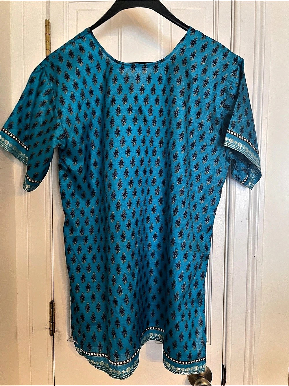 100% Pure Silk Turquoise Teal Block Print Short Sleeve Tunic Blouse Size L